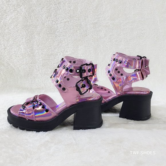 Metallic Hologram Pink Bratty Block Heel Platform Sandals Punk Rock - Picture 1 of 15